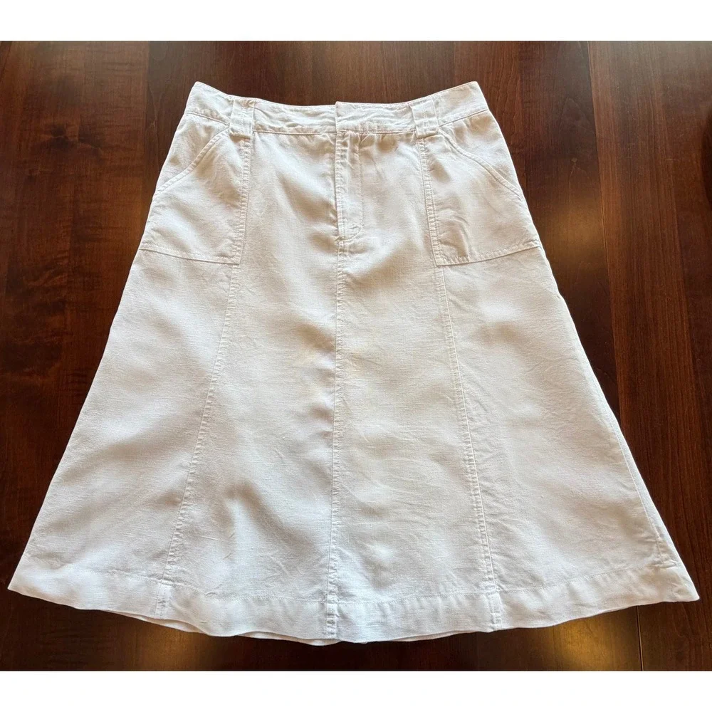 100% Linen A-Line Midi Skirt White Eddie Bauer Size Tall 6 Lined Casual Summer